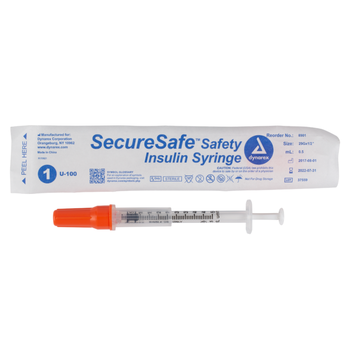 SecureSafe™ Safety Insulin Syringe - .5cc - 29G, 1/2" needle